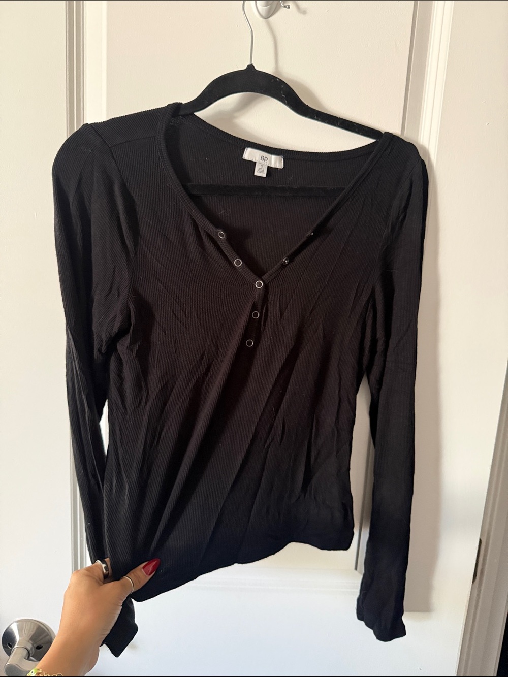 BP Black Ribbed Long-Sleeve Henley Top